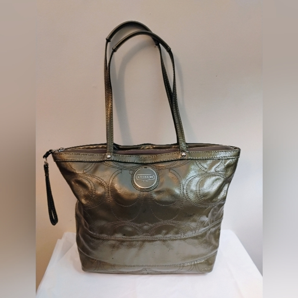 Coach Forest Green Metallic Tote Bag